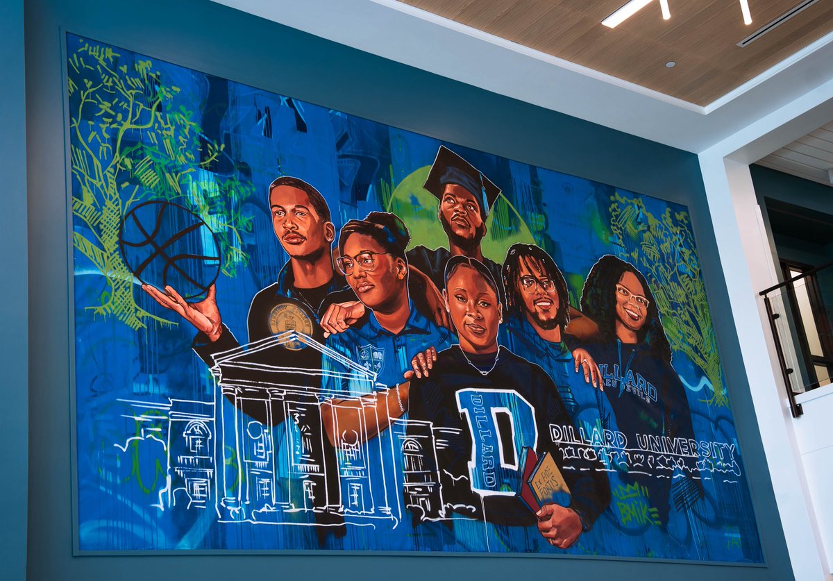 du1869's tweet photo. This past week, Dillard University had the please of unveiling the newest mural by Brandan “BMIKE” Odums. The new mural lives in the University’s newest dorm, the Innovation Collective, and contains various elements that represents Dillard University’s history! 💙🤍 https://t.co/jvWJZoHrK9