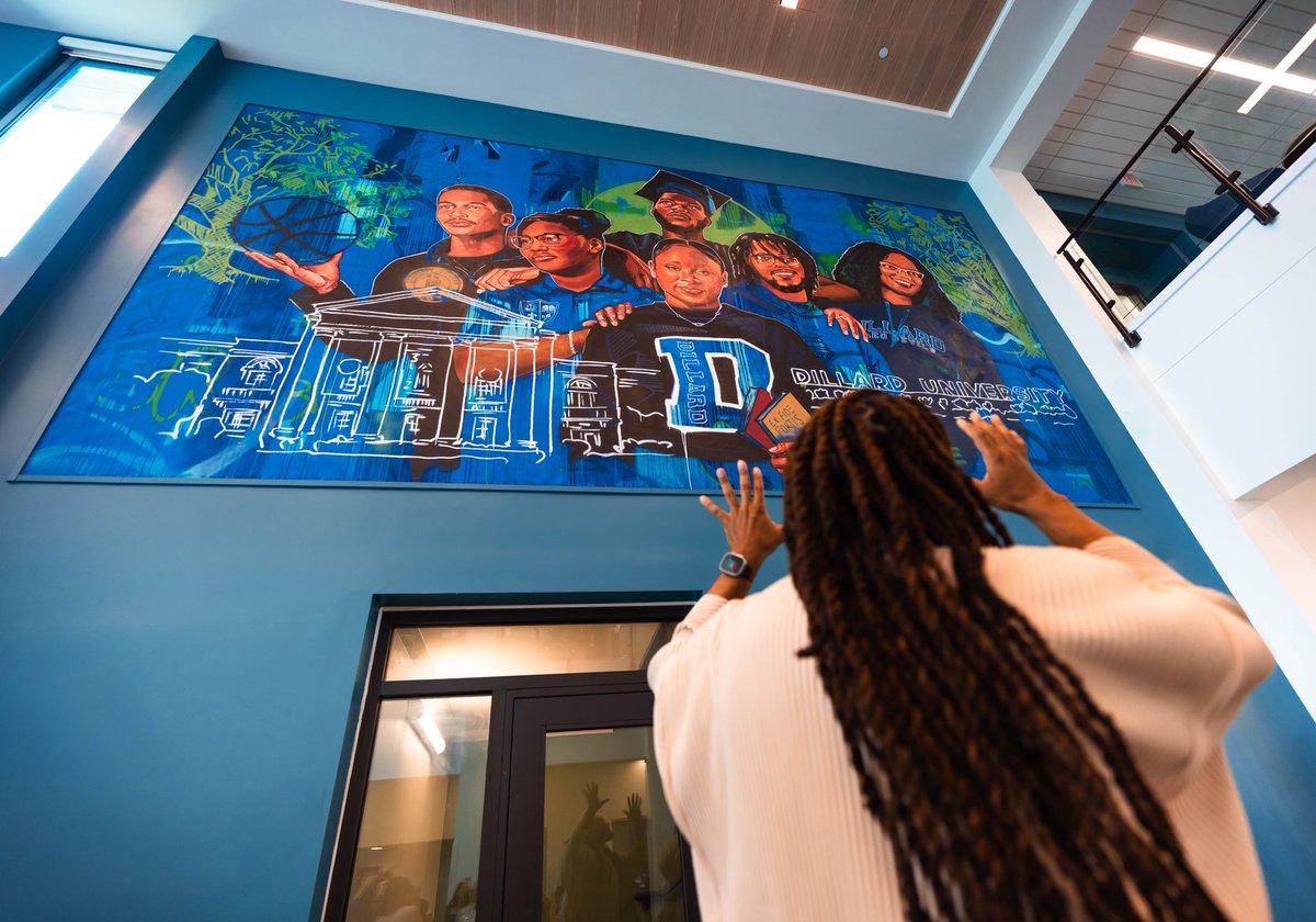 du1869's tweet photo. This past week, Dillard University had the please of unveiling the newest mural by Brandan “BMIKE” Odums. The new mural lives in the University’s newest dorm, the Innovation Collective, and contains various elements that represents Dillard University’s history! 💙🤍 https://t.co/jvWJZoHrK9