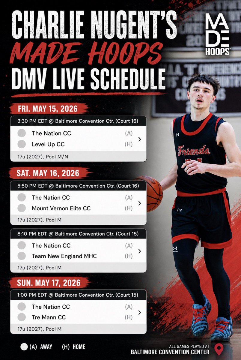 FSBHoops's tweet photo. Coaches 🚨: Here is our ‘27 PG Charlie Nugent @madehoops schedule for this weekend @CharlieNugent27 https://t.co/k3Mq3la4XK