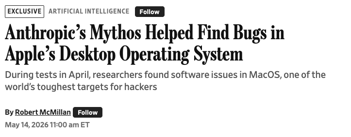 wallstengine's tweet photo. ANTHROPIC’S MYTHOS HELPED RESEARCHERS FIND MACOS BUGS

WSJ reports Calif researchers used techniques from Anthropic’s Mythos AI testing to find two macOS bugs.

The bugs were linked into a privilege escalation exploit.

Apple is reviewing a 55-page report and details are expected after patches.

Calif says Claude helped build the exploit code in five days, but human researchers were still needed to make the chain work.

Mozilla’s recent Mythos results were also notable:

271 Firefox bugs identified for Firefox 150

180 rated high severity

80 moderate

11 low

423 total Firefox security bugs fixed in April