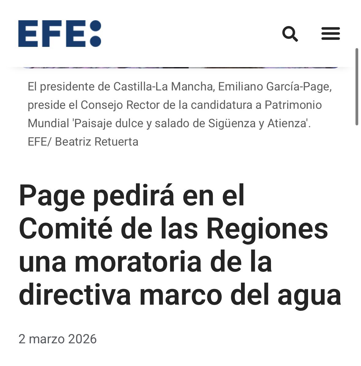 Sergio_GP's tweet photo. ¿Por qué @paconunez_ se empeña en mentir tanto, todo el rato y a todo el mundo? 

Hoy convoca un acto para hablar de agua y afirma que no apoyamos la prórroga de la directiva marco del agua cuando fue una iniciativa de @garciapage del mes de marzo (adjunto noticia de Efe).

Es más, el jueves pasado los diputados regionales del @pscmpsoe votamos a favor de una moción del PP pidiendo la prórroga de la directiva en el pleno de las Cortes de CLM.

Solo pedimos que dejen de mentir y que dejen de divulgar bulos.