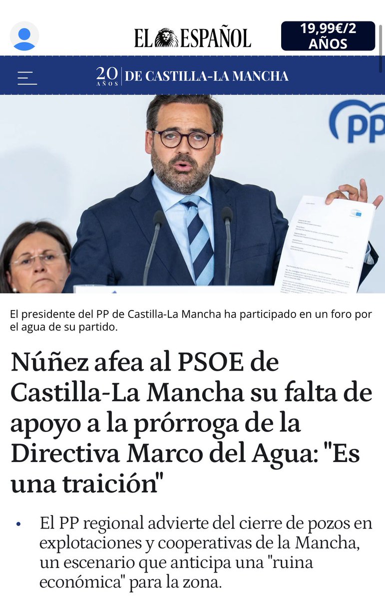 Sergio_GP's tweet photo. ¿Por qué @paconunez_ se empeña en mentir tanto, todo el rato y a todo el mundo? 

Hoy convoca un acto para hablar de agua y afirma que no apoyamos la prórroga de la directiva marco del agua cuando fue una iniciativa de @garciapage del mes de marzo (adjunto noticia de Efe).

Es más, el jueves pasado los diputados regionales del @pscmpsoe votamos a favor de una moción del PP pidiendo la prórroga de la directiva en el pleno de las Cortes de CLM.

Solo pedimos que dejen de mentir y que dejen de divulgar bulos.