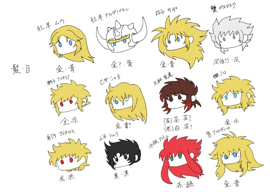 Enunchamo's tweet photo. 聖闘士星矢天界編連載開始！（昨日）
��いうことで、THENなどから判断した黄金聖闘士原作カラーリングをまとめてみました。
カミュは赤髪なのが好き。
備考：アルデバラン　髪の色見つけられず
　　　シャカ　目の色見つけられず
　　　童虎　目の色不明瞭
#聖闘士星矢
#黄金聖闘士 https://t.co/oLqW1tNhiI