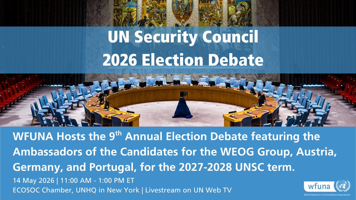 WFUNA's tweet photo. LIVE NOW: UNSC Election Debate featuring the Ambassadors of the Candidates for WEOG, Austria, Germany and Portugal, for the 2027 - 2028 term.  #UNSCElections 

📺 Watch on@UNWebTV: https://t.co/xpCjpzl77s https://t.co/TO1EsYwkju