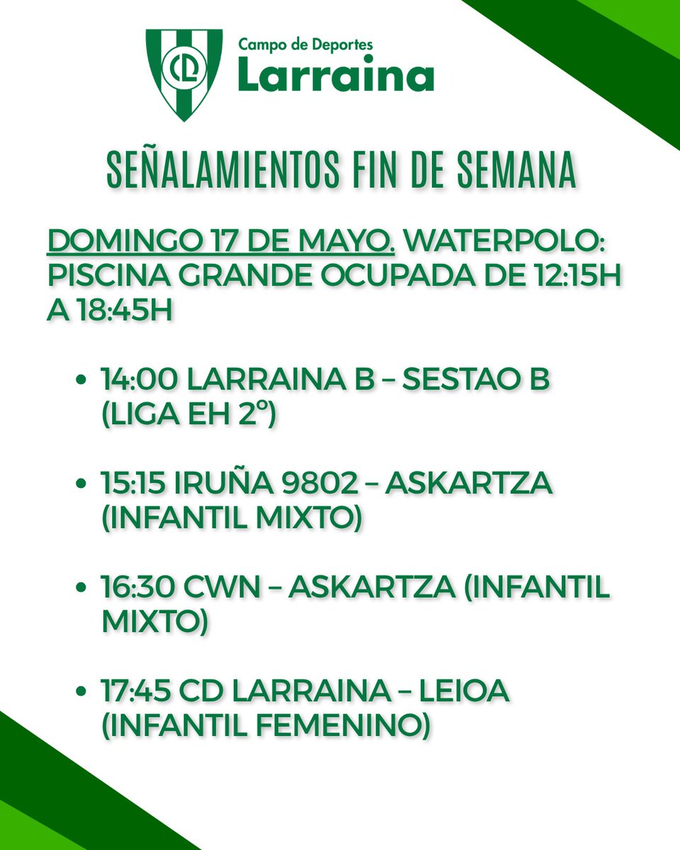 CDLarraina's tweet photo. 🤽‍♂️🤽‍♀️ Este fin de semana tenemos seis partidos para vibrar con el waterpolo en nuestra piscina. ¡Ánimo equipos! 💪 https://t.co/3oJUn0T25b