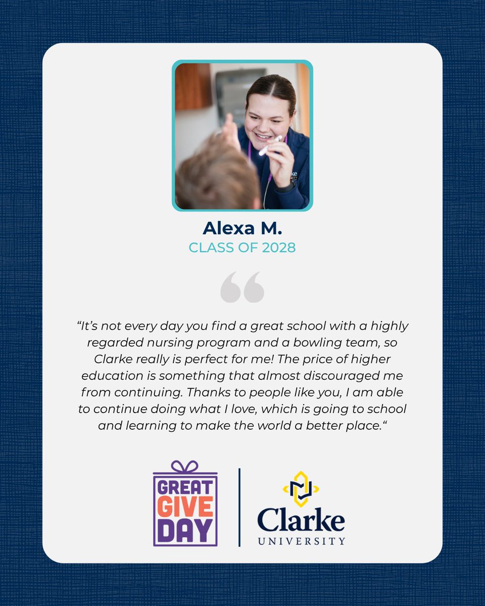 ClarkeU's tweet photo. There’s still time to give 💙

Before Great Give Day ends, you can make a lasting impact at Clarke.
Because of donors like you, our students are able to keep going: pursuing their goals and making the most of their time here.
Make your gift now: https://t.co/zdzHl5WnTj https://t.co/CykYR5hWee