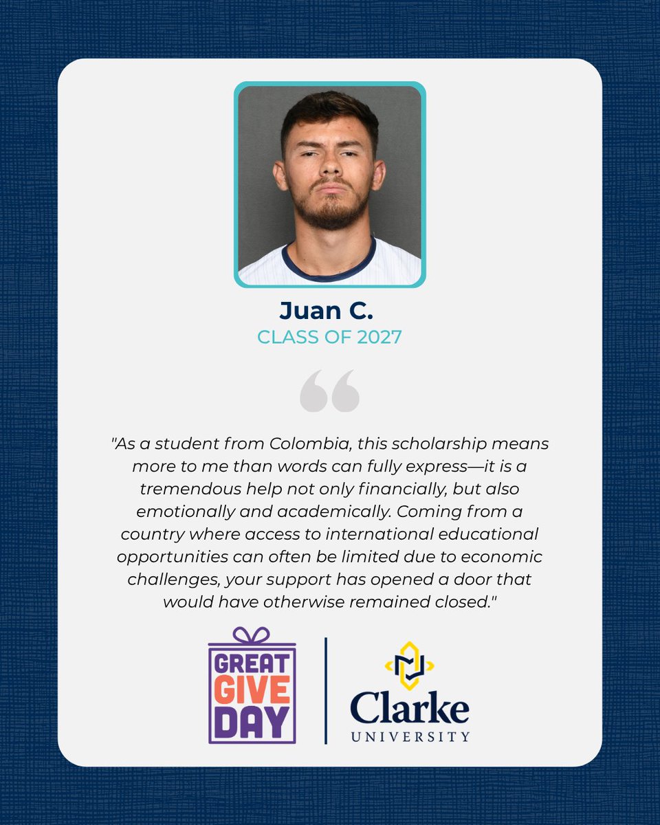 ClarkeU's tweet photo. There’s still time to give 💙

Before Great Give Day ends, you can make a lasting impact at Clarke.
Because of donors like you, our students are able to keep going: pursuing their goals and making the most of their time here.
Make your gift now: https://t.co/zdzHl5WnTj https://t.co/CykYR5hWee