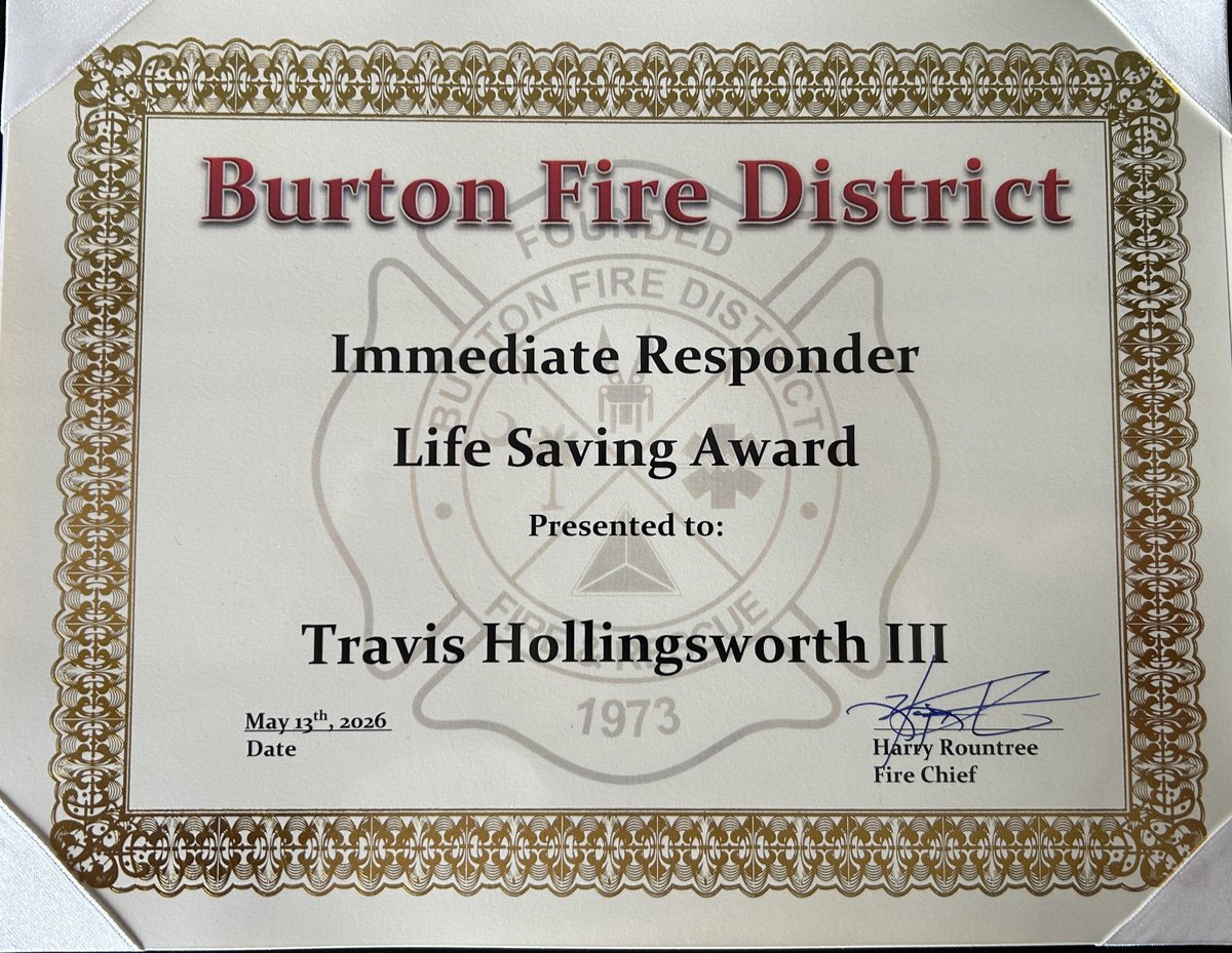 BurtonFD_SC's tweet photo. Last evening #BurtonFD presented Travis Hollingsworth III with the Burton Fire District Immediate Responder Life Saving Award for helping rescue a trapped occupant from a burning vehicle after it collided with a tree &amp; dragging the occupant, who could not walk, to safety. https://t.co/HgonvQVCLs