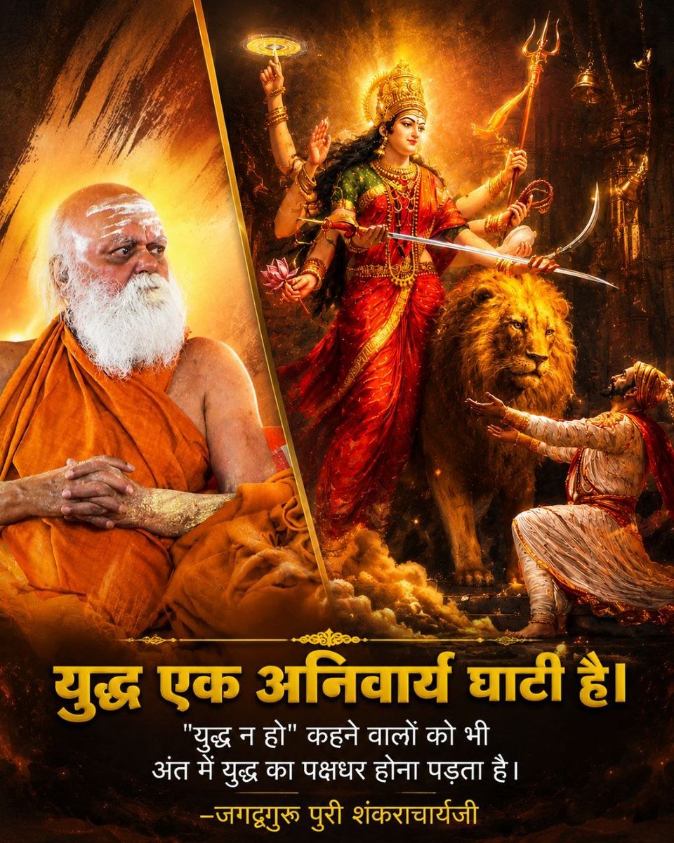 Harghargurukul's tweet photo. युद्ध एक अनिवार्य घाटी है।

"युद्ध न हो" कहने वालों को भी अंत में युद्ध का पक्षधर होना पड़ता है।

- जगद्गुरू पुरी शंकराचार्य जी https://t.co/K5bTyl0Vc7