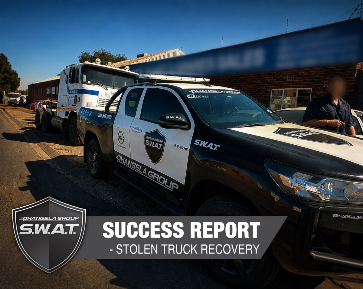 PhangelaGroup's tweet photo. 🚨 STOLEN TRUCK RECOVERED 🚨

The Phangela Group S.W.A.T. JHB Team responded to information received from Tracker SA regarding a stolen truck in the Jet Park area and successfully recovered the vehicle at approximately 10H41.

Assisted by Gauteng Traffic &amp; Tracker SA. https://t.co/leCHkuEQ3e