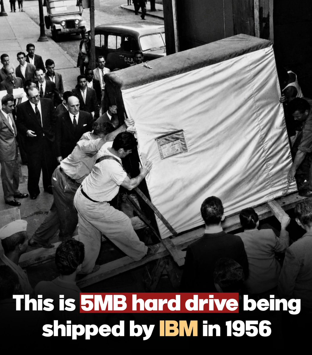 FirmCade's tweet photo. 😳💾 In 1956, IBM made a 5MB hard drive that weighed over a ton.

Now 5MB barely holds a photo 📱😭

Technology moved fast. https://t.co/p13vlKDjI2