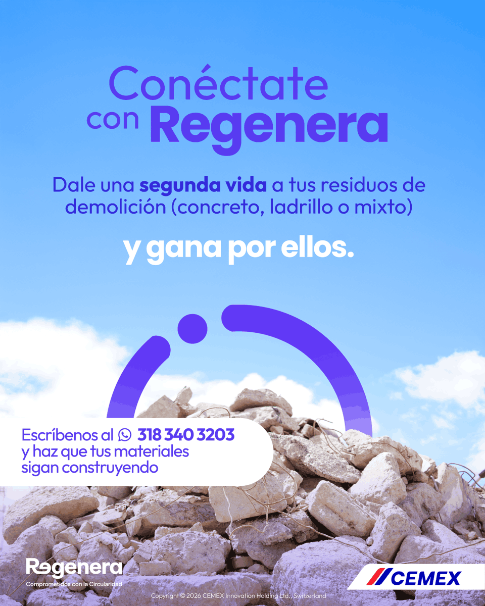 CEMEX_Colombia's tweet photo. ¿Tienes residuos de demolición en tu obra? ♻️🏗️
Con Regenera pueden convertirse en nuevos materiales y generar valor para tu proyecto.

Escríbenos por WhatsApp y cuéntanos qué materiales tienes. 💬

#Regenera #CemexColombia https://t.co/oKQDdx24as