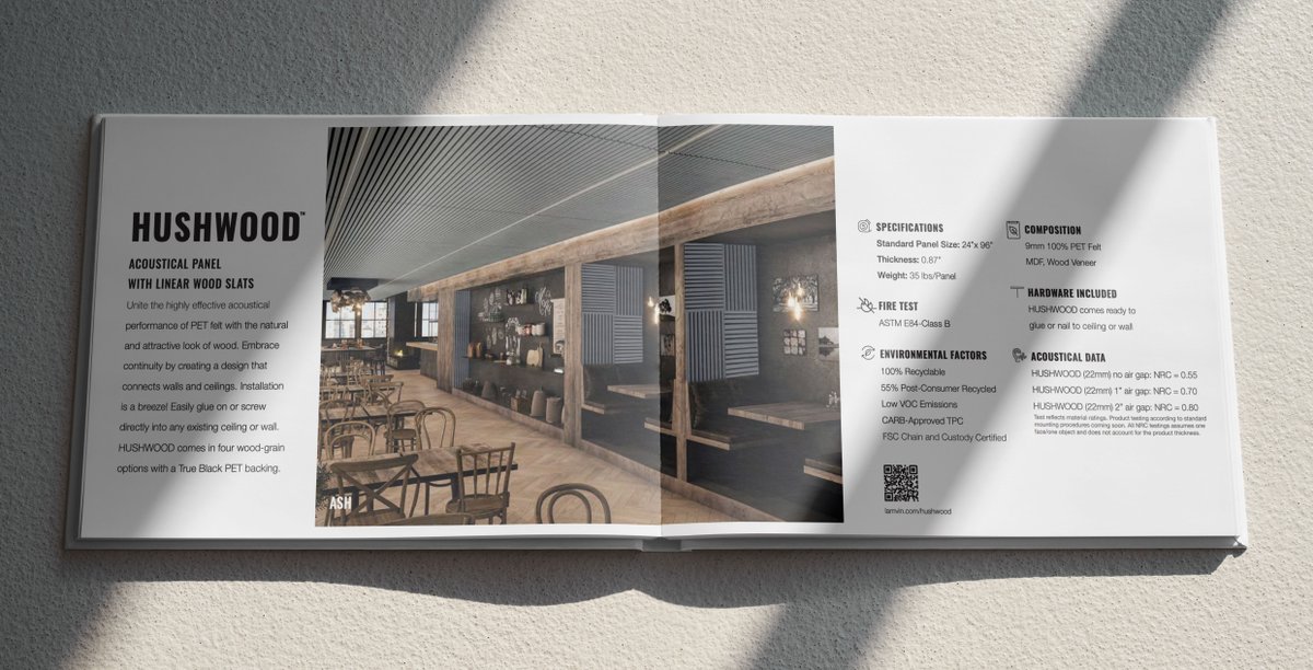 LamvinInc's tweet photo. Sustainable, versatile, and easy to install, Hushwood is designed to bring visual continuity and acoustic comfort into modern spaces like commercial offices, hospitality venues and more. Take a look at the Hushwood brochure to learn more: 
https://t.co/hgaRZMr6qe https://t.co/y2AF7N8ijf