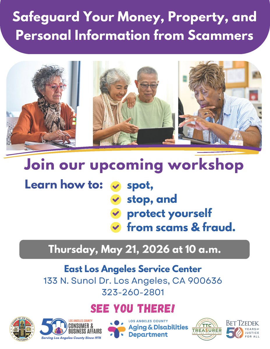 LACountyAD's tweet photo. Awareness is your best defense. πͺ
Attend the workshop at the East LA Service Center to learn how to identify and avoid scams that target older adults. π΅ Presented with @LACountyDCBA, @bettzedek, and #LACountyAD.
#LACounty #StopScammers #ProtectYourself https://t.co/oMkKePpP8N
