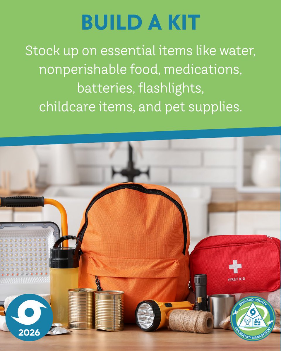 BrevardEOC's tweet photo. Hurricane season prep starts now. 

Stock up early on essential items like water, nonperishable food, meds, batteries, flashlights, childcare items and pet supplies. If you already have a kit, now is a good time to check expiration dates &amp; restock anything you may be missing. https://t.co/tqa7E83Xkq