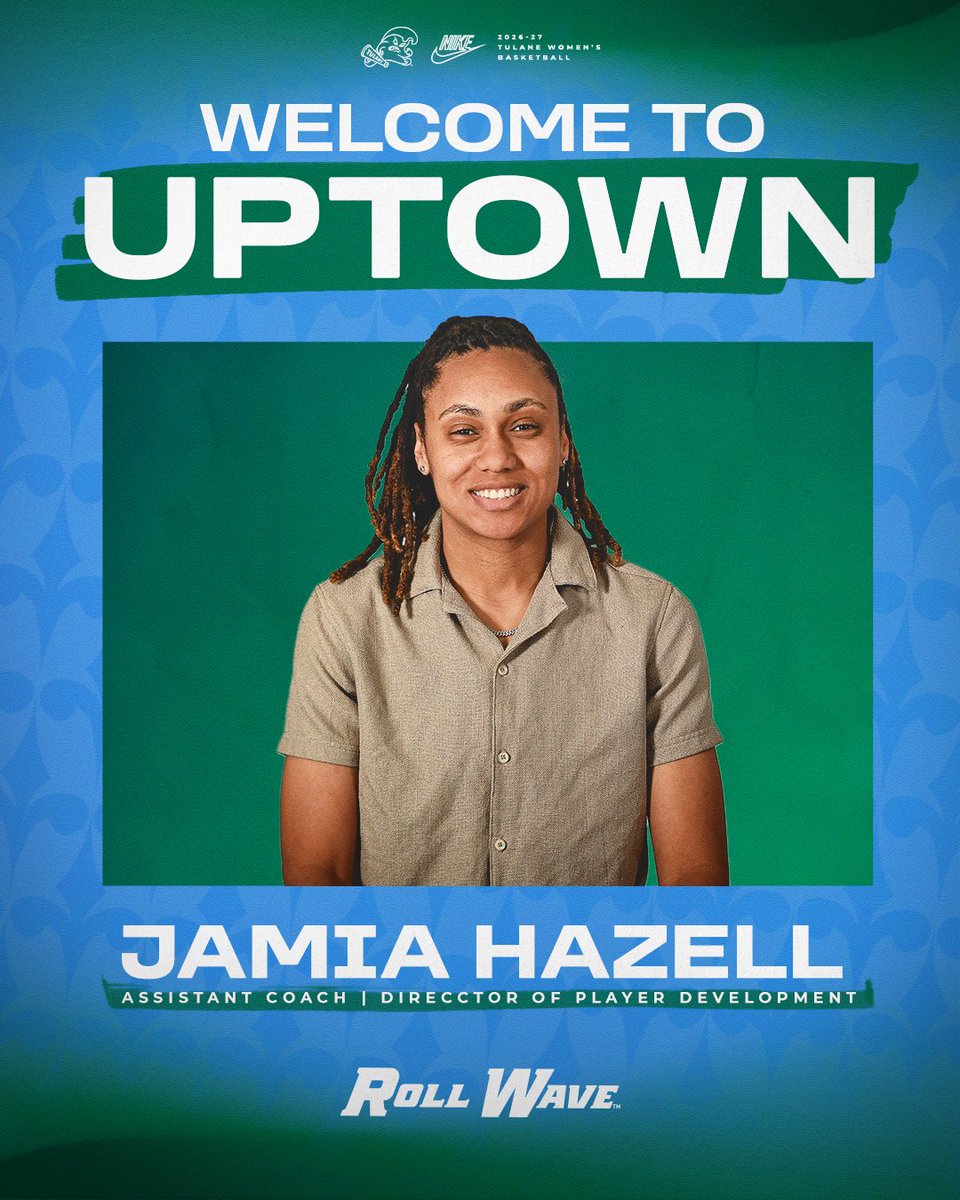 GreenWaveWBB's tweet photo. 𝙒𝙚𝙡𝙘𝙤𝙢𝙚 𝙩𝙤 𝙏𝙪𝙡𝙖𝙣𝙚 🌊 

We are excited to welcome Jamia Hazell as an assistant coach and director of player development to our staff! 💪 

#RollWave🌊 https://t.co/EpdgFScuYf