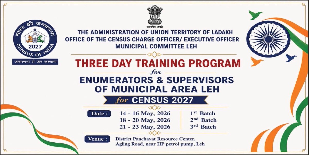 MCL_leh's tweet photo. 📢 Census 2027 training begins in MC Leh area.

A 3-day training programme for Enumerators &amp; Supervisors commenced at DPRC Agling Leh for India’s first fully digital Census with self-enumeration provisions.
MC Leh has 21 wards &amp; 90 Houselisting Blocks.

#Census2027 #Mcleh https://t.co/ImBpxUFdYW