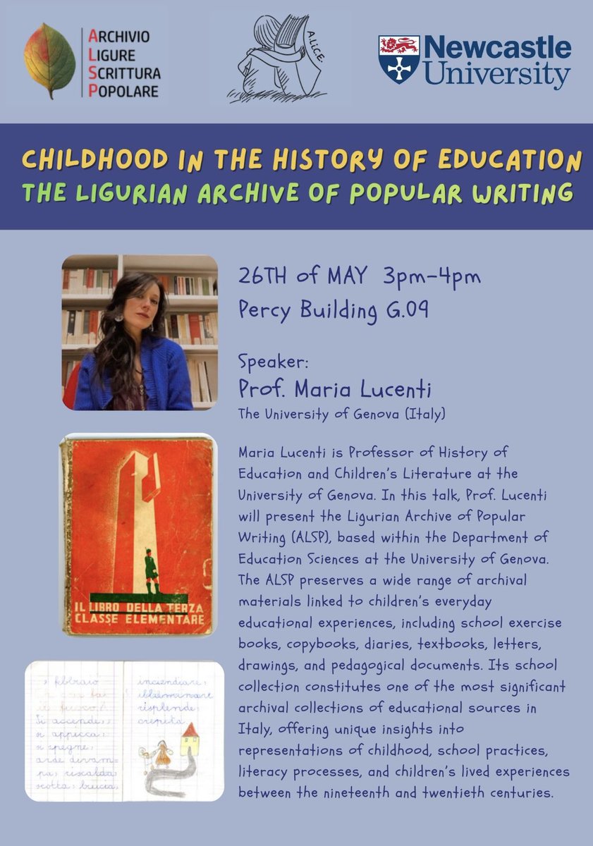 MariaLucenti's tweet photo. Honoured and delighted to give this lecture at Newcastle University on Childhood in the History of Education: The Ligurian Archive of Popular Writing.
A heartfelt thank you to the organisers for the kind invitation! https://t.co/L0v6lJ05hK