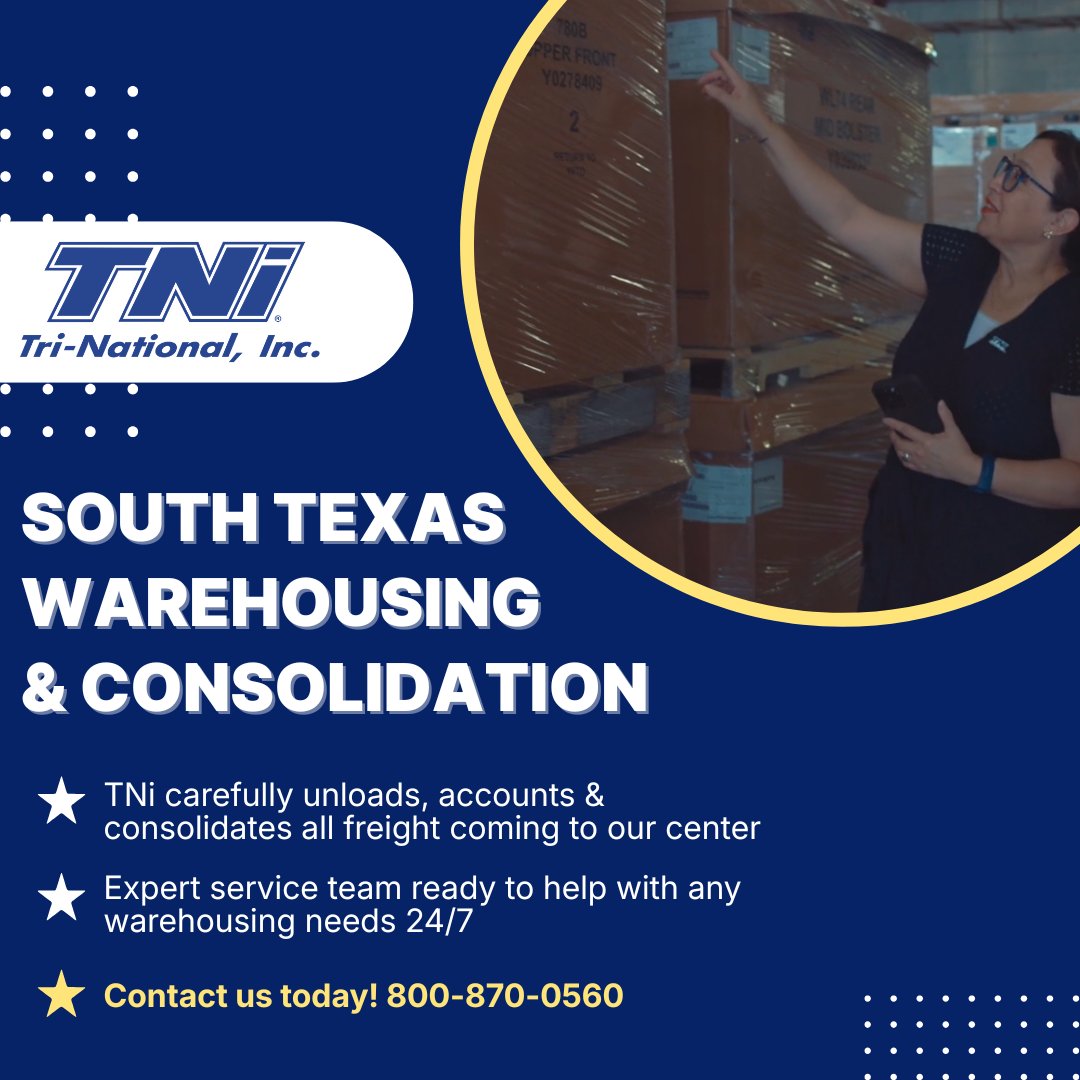 TriNatInc's tweet photo. Tri-National can offer you more than just safe miles! ✅

Our South Texas warehousing and consolidation services are designed to give you the flexibility to scale your storage and ensure freight is handled efficiently.📦🚚

Call our sales team for more information!☎️ 800-870-0560 https://t.co/XhqXZofwXj