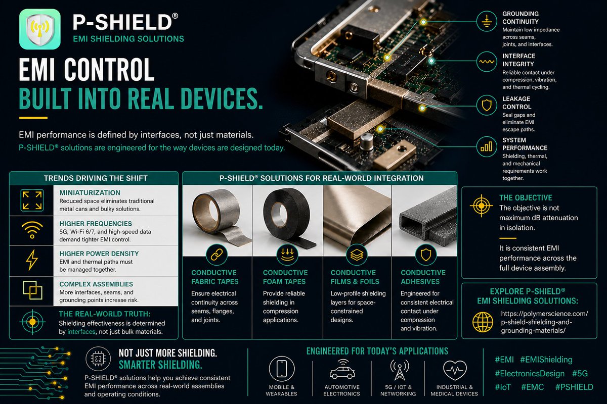 PolymerScience_'s tweet photo. EMI shielding isn’t solved at the enclosure anymore. It’s distributed across the device.

Miniaturization, 5G, higher power density, and complex assemblies shift performance to interfaces.

P-SHIELD® enables stable EMI control across real architectures.

https://t.co/rFB0cXW3AC https://t.co/Gzrph2eHKg