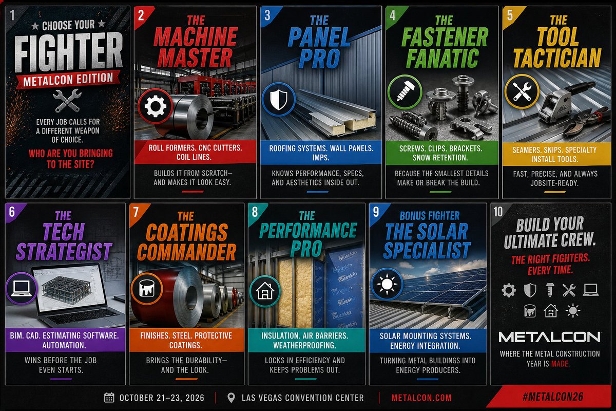 metalcon's tweet photo. ⚔️ Choose your fighter.

Machine. Panel. Fastener. Tool. Tech. Coatings. Performance. Solar.

Every build needs a crew.

See them all LIVE at METALCON.
Where the metal construction year is made. https://t.co/lkXekJUJUc