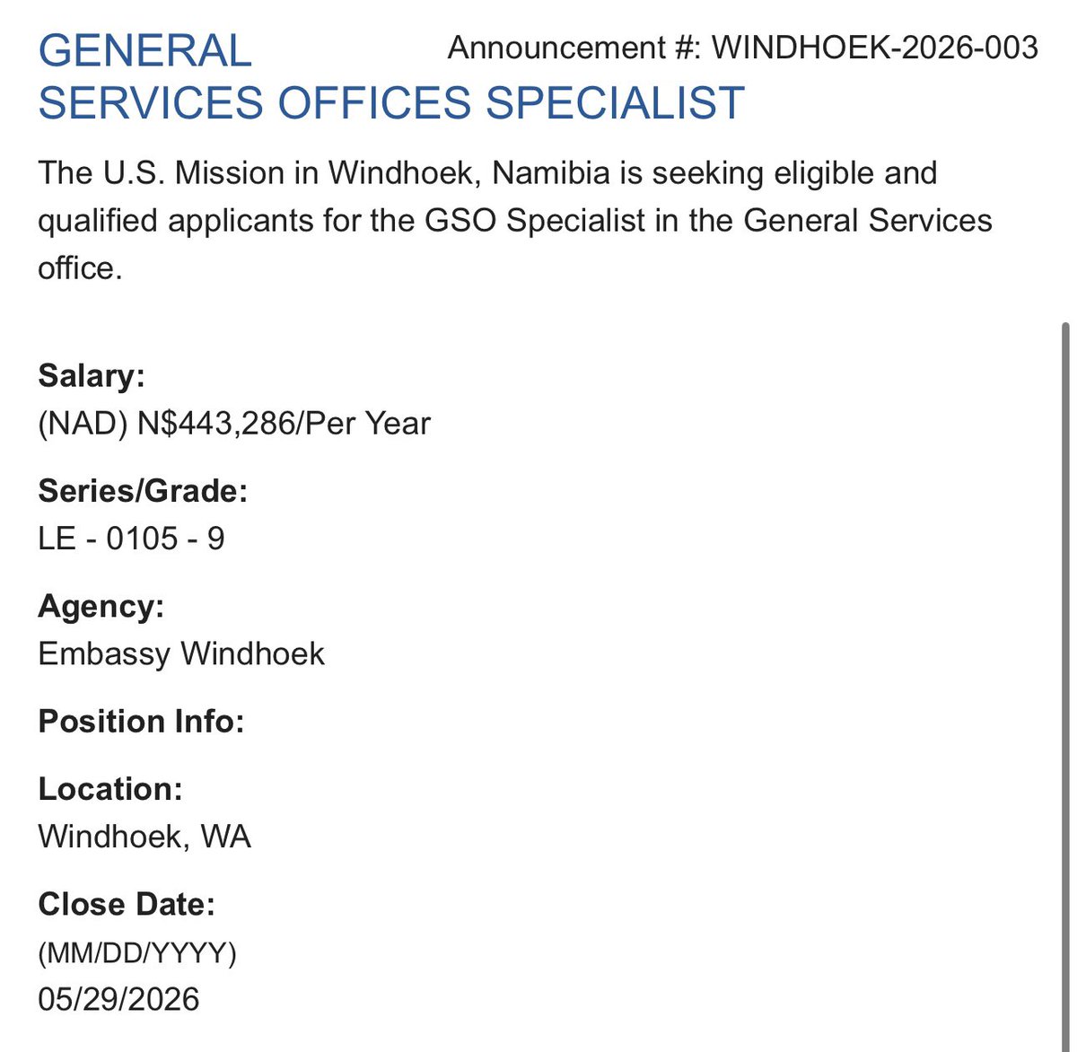 NickyambotoX's tweet photo. 🇳🇦 US Embassy is Hiring 💵💰 https://t.co/IdG3Ise3zR