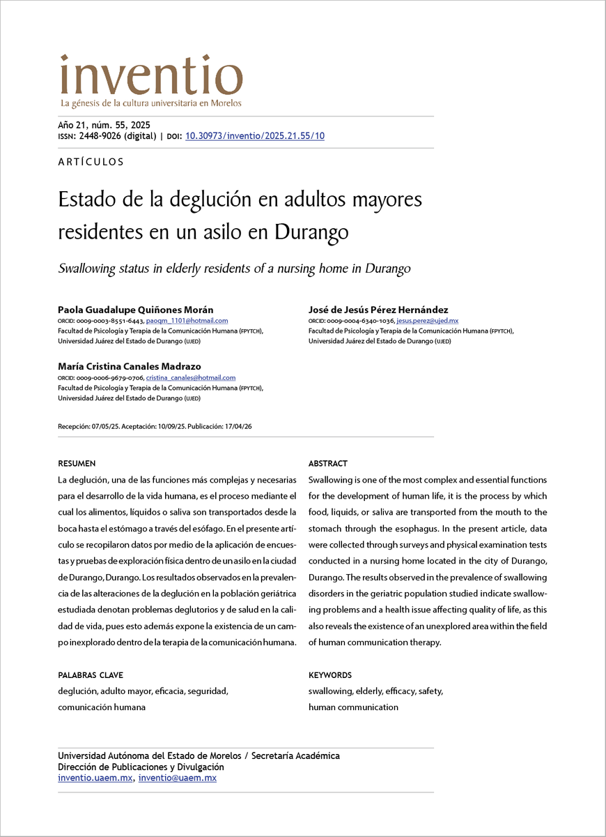 EdicionesUAEM's tweet photo. #INVENTIO #RevistaDivulgación #multidisciplina
Revista Inventio / Vol. 21 núm. 55
"Estado de la deglución en adultos mayores residentes en un asilo en Durango"
Artículo completo 👇
https://t.co/yJ2iU1V030
#deglución #adultomayor #seguridad #comunicaciónhumana @prensauaem https://t.co/BYKGAjPRHc