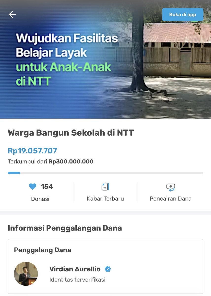 virdianaurellio's tweet photo. Kami memulai pembangunan sekolah pertama di NTT tepatnya di Desa Fatukusi. Sekolahnya begitu tidak layak, sering listrik padam, dan ruang kelas bocor. Tapi murid muridnya? Setiap hari datang dengan begitu antusias. SD ini adalah satu satunya sekolah di desa buta huruf ini

https://t.co/KA7QGT0Cwd

Kita sudah punya grand design pembangunan sekolah ini. Kami sudah lakukan ground breaking bahkan. Kami berharap partisipasi teman teman semua! Total donasi ini akan menjadi pembangunan untuk sekolah-sekolah berikutnya

Warga jaga warga! Yuk partisipasi!