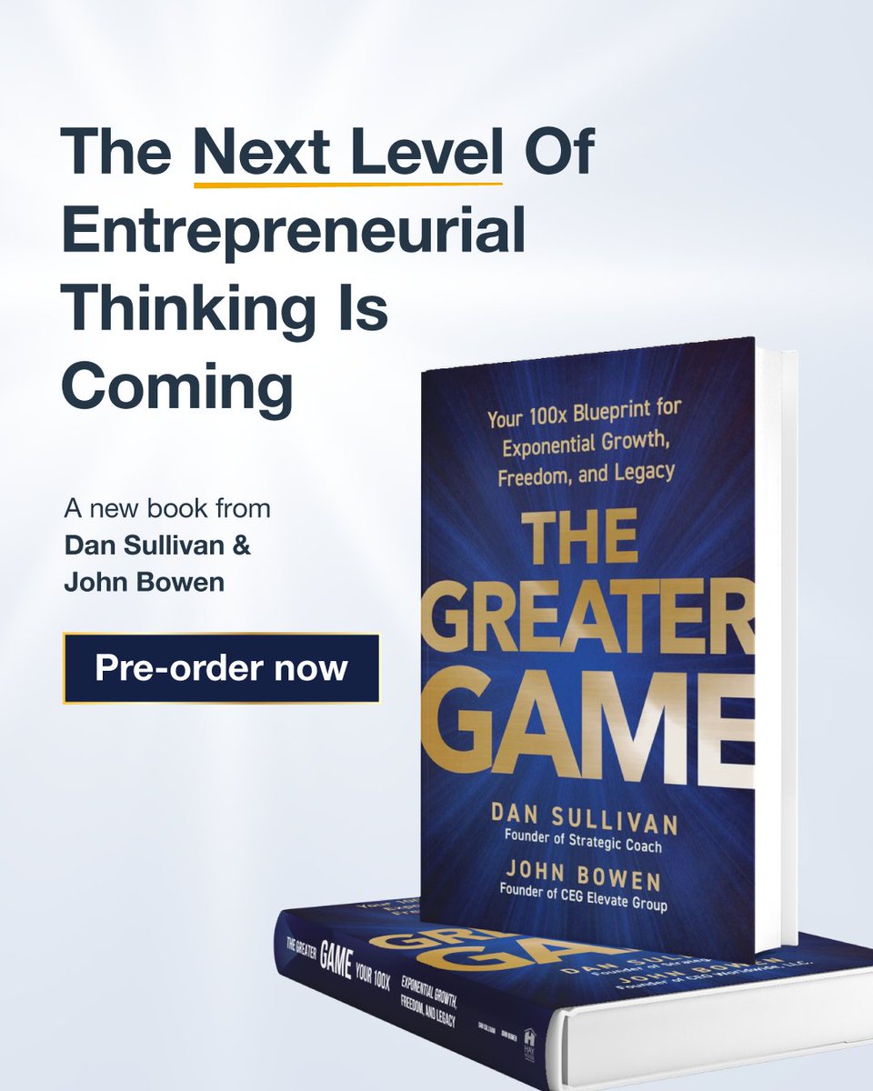 karyoberbrunner's tweet photo. The closer this launch gets, the more relevant this book feels.

For years, success meant:
Work harder.
Move faster.
Do more.
Scale bigger.

But eventually, that model breaks.

You become the bottleneck.
Your calendar becomes the ceiling.
And growth starts costing more energy than it creates.

That’s why The Greater Game feels timely.

Dan Sullivan and John Bowen aren’t just talking about business growth.
They’re talking about a different operating system.

One built around:
• leverage instead of hustle
• multiplication instead of accumulation
• collaboration instead of isolation
• long-term vision instead of short-term survival

That shift matters.
Because the entrepreneurs who thrive over the next 25 years won’t simply be the busiest.

They’ll be the ones who learn how to:
Think differently.
Structure differently.
Build differently.

I’ve seen firsthand how Dan’s thinking challenges people to expand their view of what’s actually possible.

Not incrementally.
Exponentially.

And honestly, that kind of thinking is needed right now more than ever.

What I appreciate most about this book isn’t the strategy.

It’s the invitation:
To stop building a business that consumes your life…

…and start building one that expands your freedom, impact, and legacy simultaneously.

That’s a Greater Game worth playing.

Pre-Order your book here https://t.co/GGSZPyvnkO and submit your Amazon receipt here: https://t.co/N6N5HdiIuM for some special bonuses.

@DanSullivanSC  
@CEGAdvisorCoach  
@StrategicCoach