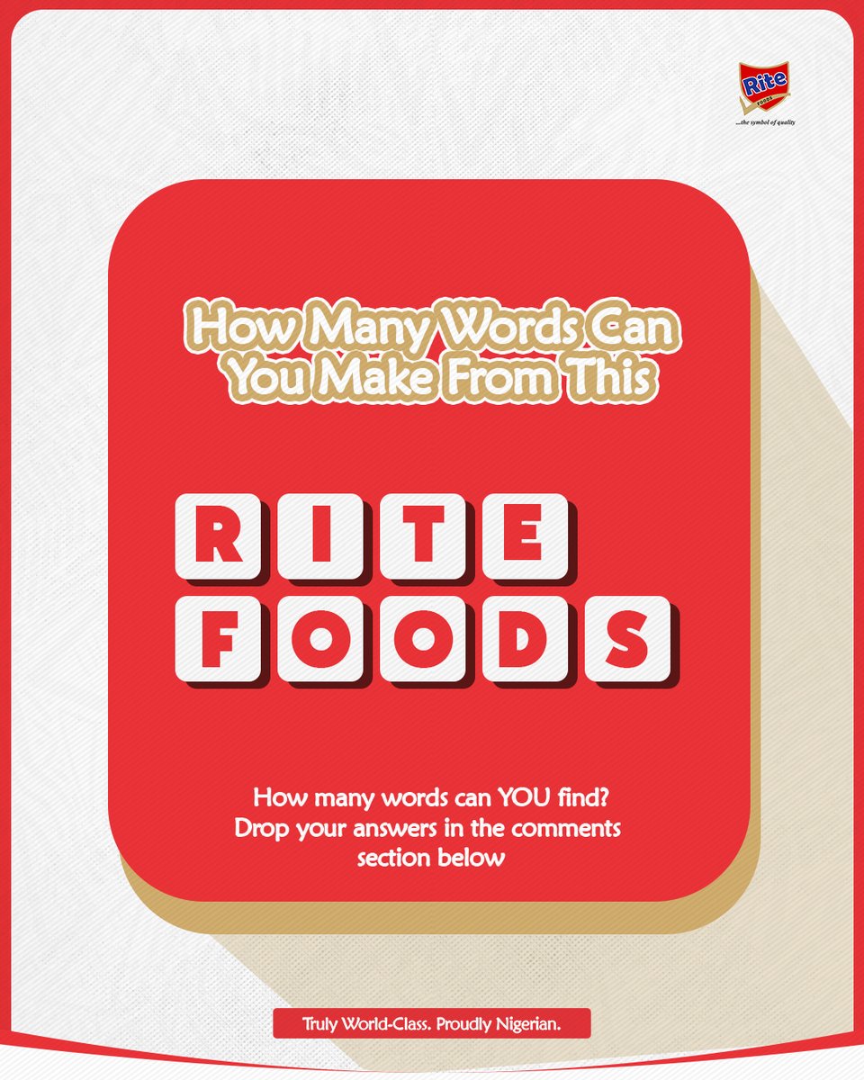 RiteFoodsltd's tweet photo. How many words can YOU make from RITE FOODS? Drop them in the comments.  

The one with the MOST words wins a special spot in our good books! 👇

#Ritefoods #Ritefoodslimited #lifeatRFL https://t.co/cIjQc1r3HQ