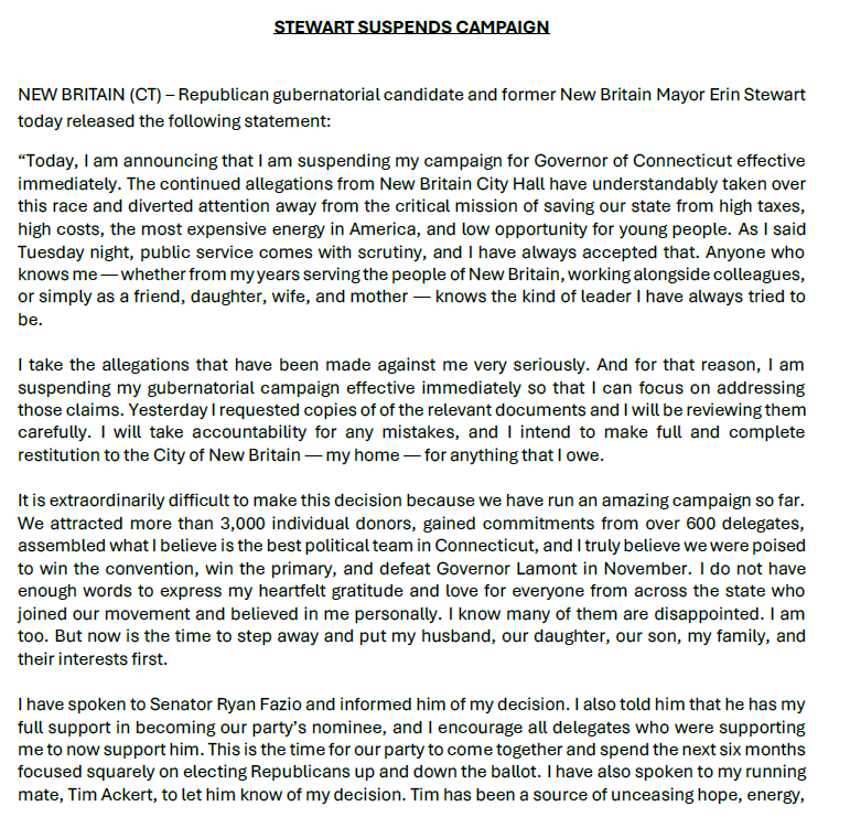 johncraven1's tweet photo. #BREAKING @erinstewartct is suspending her campaign for governor, according to her campaign manager https://t.co/UH2rSypx5Q