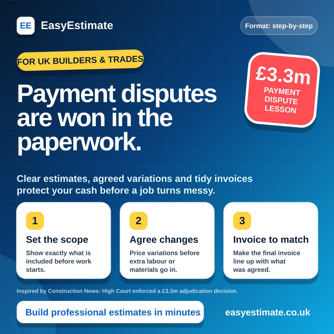 easyestimateuk's tweet photo. Payment disputes are won in the paperwork.

Clear scope.
Agreed changes.
Invoice that matches the job.

Good paperwork protects your cash — before a job turns messy.

https://t.co/27prUVJywb https://t.co/K0756FRFqL