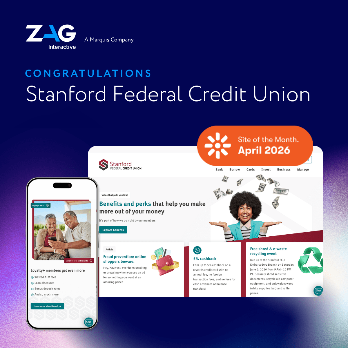 zaginteractive's tweet photo. Two April Kentico Site of the Month wins? We’ll take it. 🏆🏆@StanfordFCU @FrontwaveCU

Proud to see two of our client websites recognized for outstanding digital experiences. Big shoutout to our clients and team for making it happen! 

#Kentico #SiteOfTheMonth https://t.co/D6PuoShVlU