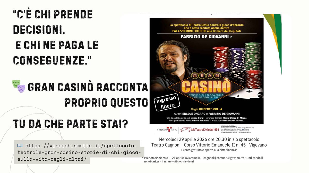 CaritasVigevano's tweet photo. 🎭 Gran Casinò – Storie di chi gioca sulla vita degli altri
Uno spettacolo che mette a nudo un gioco invisibile fatto di potere e scelte che ricadono su altri. Siamo spettatori… o pedine?
📖 Leggi l’articolo:
https://t.co/nWW9BNZaYX
#teatro #vincechismette #caritas #vigevano https://t.co/VRTBr63bSV