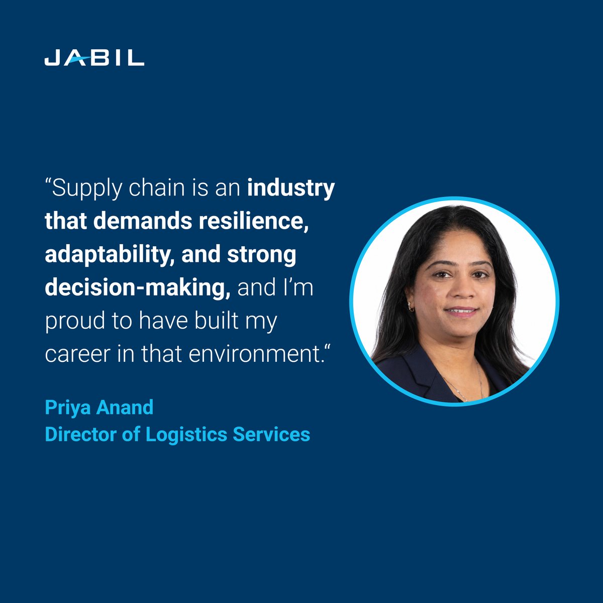 Jabil's tweet photo. Priya Anand, director of global logistics services at Jabil, reflects on the industry, her career, and why near-constant disruption is reshaping supply chain strategy in her featured interview for @SCWmag. Check it out: https://t.co/3nqj4cJvwH https://t.co/dK5SbrqlGq