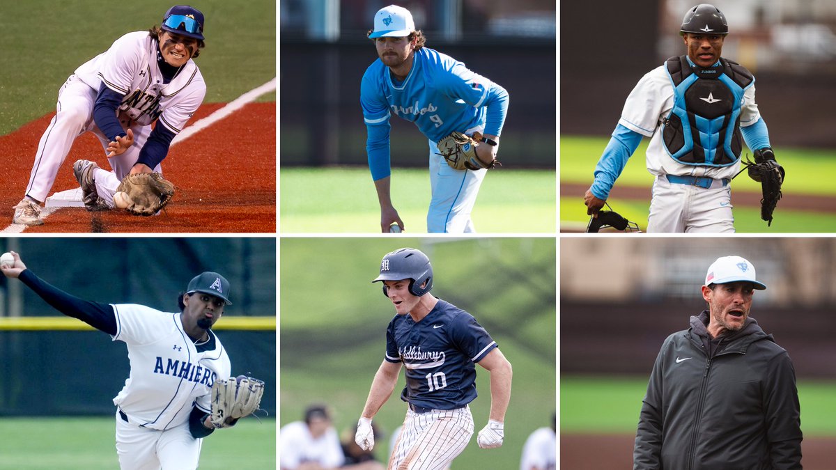 NESCAC's tweet photo. ⚾️NESCAC Baseball Awards

POY: Tyler Bernstein, @BantamSports 
PIOY: Cole Donato, @TuftsJumbos 
DPOY: Malcolm Whitfield, @TuftsJumbos 
Co-ROY: Saahi Jetti, @AmherstMammoths &amp; Henry Ayers, @MiddAthletics 
COY: Bryan Stark, @TuftsJumbos 

All-NESCAC Teams > https://t.co/TVt67nTIHq https://t.co/JwHxdp81Ax