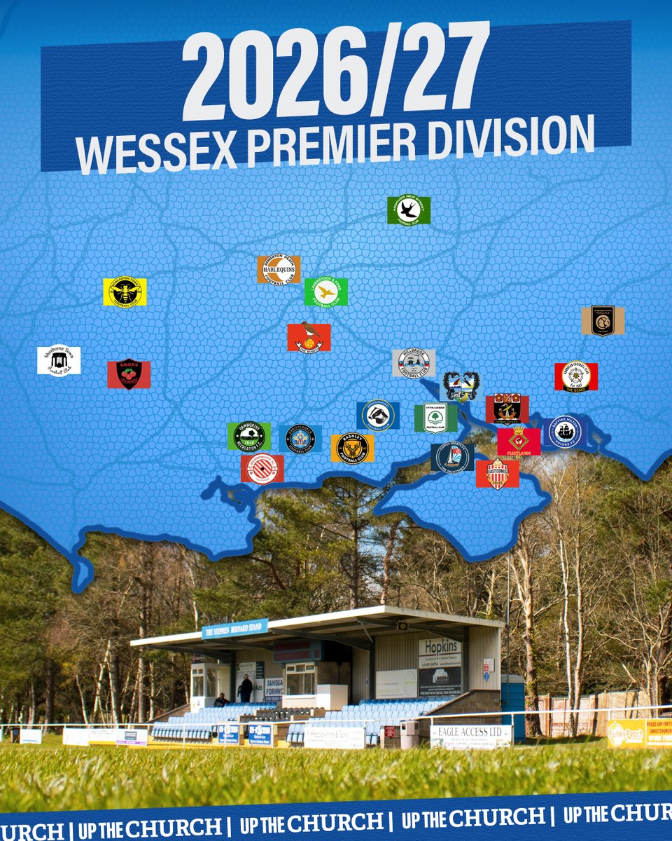 ChristchurchFC_'s tweet photo. The 2026/27 @WessexLeague Premier Division map! 🗺️💙

The Church will take the trip around the Step 5 South Coast once again!

Which away day are YOU looking forward to the most? 👀

#UpTheChurch https://t.co/jbRq5LVFiU