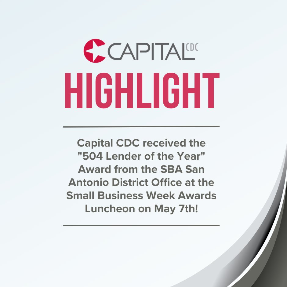 CapitalCDC's tweet photo. Capital CDC received the "504 Lender of the Year" Award from the SBA San Antonio District Office at the Small Business Week Awards Luncheon on May 7th! 🎉🏆 https://t.co/WxAsdlDBj8