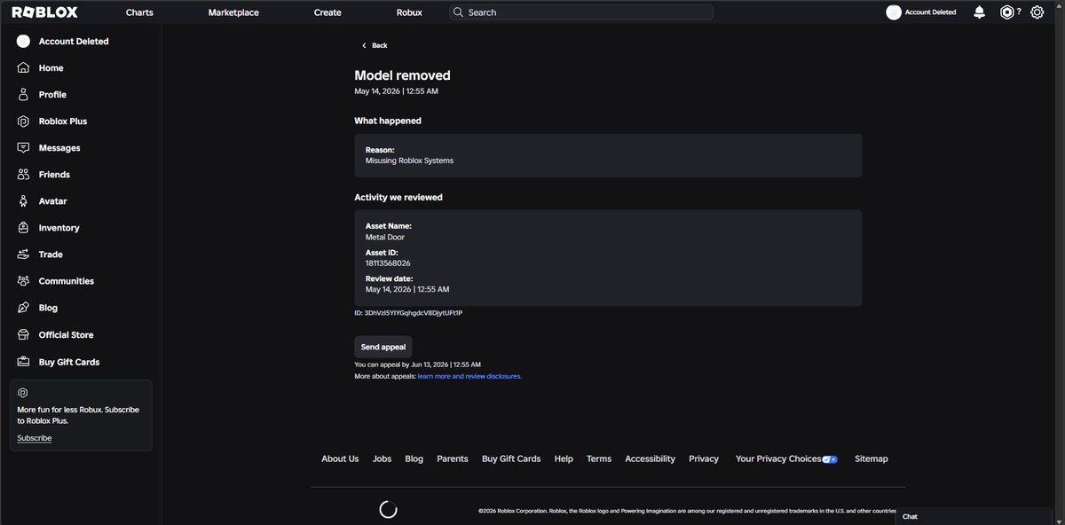 NarrowedVision's tweet photo. Bro what did I even do, the offenses listed don't even remotely seem bannable. The security camera didn't even work it was just a model 😭 (pictures in replies)
Appealing them all but is there more I can do?
#Roblox #robloxban #robloxsupport
@Roblox @KreekCraft @Roblox_RTC https://t.co/xSAg78haNH