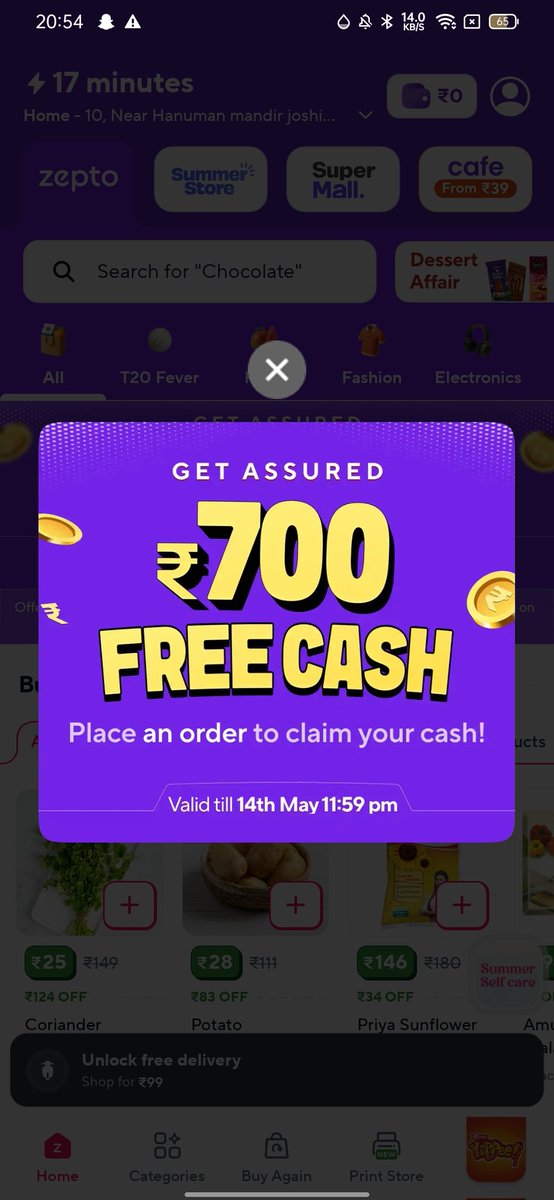 VinodRe11862's tweet photo. @zeptocares showing this offer from today morning. I ordered product rs more than 500 but I didn't get any free cash ? https://t.co/aen9PtnwMI