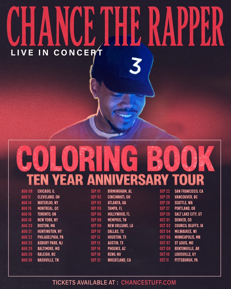 Stereoboard_US's tweet photo. NEW // @chancetherapper will take the Coloring Book Ten Year Anniversary Tour across North America this summer and fall. 

Always wanted to hear the groundbreaking mixtape live? Now's your chance!

Get tickets 10am, May 21 🖍️ https://t.co/EfNLlT6GYM https://t.co/6gCPiN35KX