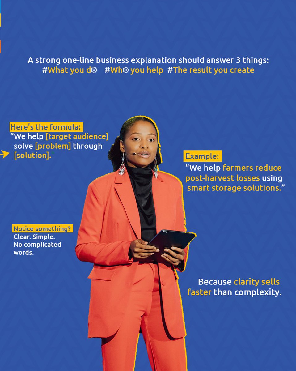 YouthConnektAf's tweet photo. Wondering how to describe your business in just one sentence? 💡
Here are a few tips to help you pitch it clearly and confidently 🚀

Now tell us, how would you describe your business? https://t.co/VXpO2t2woM