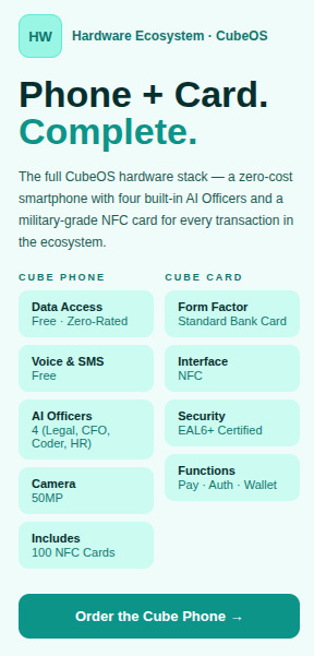 cubeoss's tweet photo. The Cube Phone + Cube Card together = the complete CubeOS hardware stack.

Browse every Cube at ₦0 data. Pay with a tap. Authenticate instantly. Access your DVU wallet anywhere. Consult your AI CFO on the go.

Hardware and software, finally built as one. 

#CubePhone #CubeCard #CubeOS #Hardware