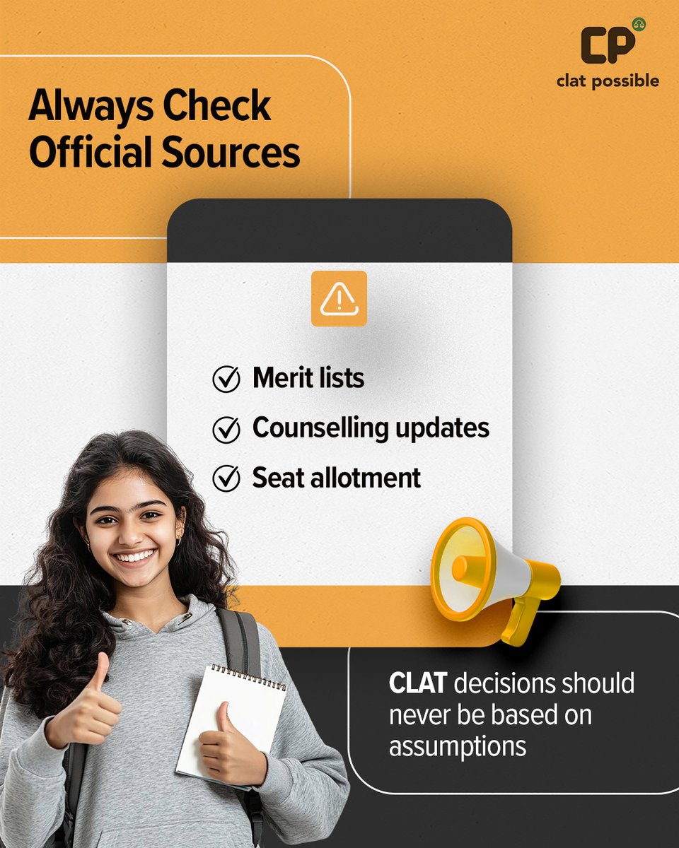 PossibleClat's tweet photo. One wrong assumption can cost a seat
Verify everything from official updates.

#CLATPossible #CLATPreparation #OfficialUpdates #CLAT2027 #LawAspirants https://t.co/74u3E9JoxK