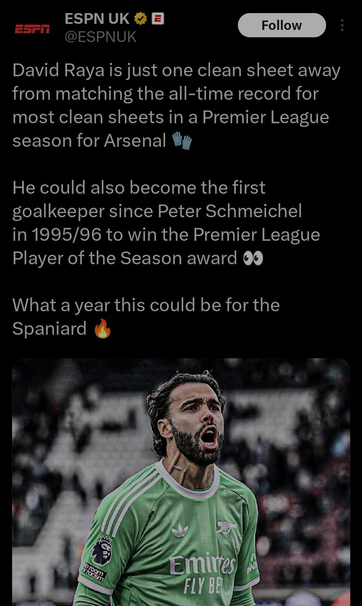 VaulsteinR's tweet photo. @HandofArsenal David Raya is the one who should win this! We are not sure if Declan Rice will win more awards. Why risk it? Also, Rice has more time to win awards https://t.co/mmuAy22qQZ
