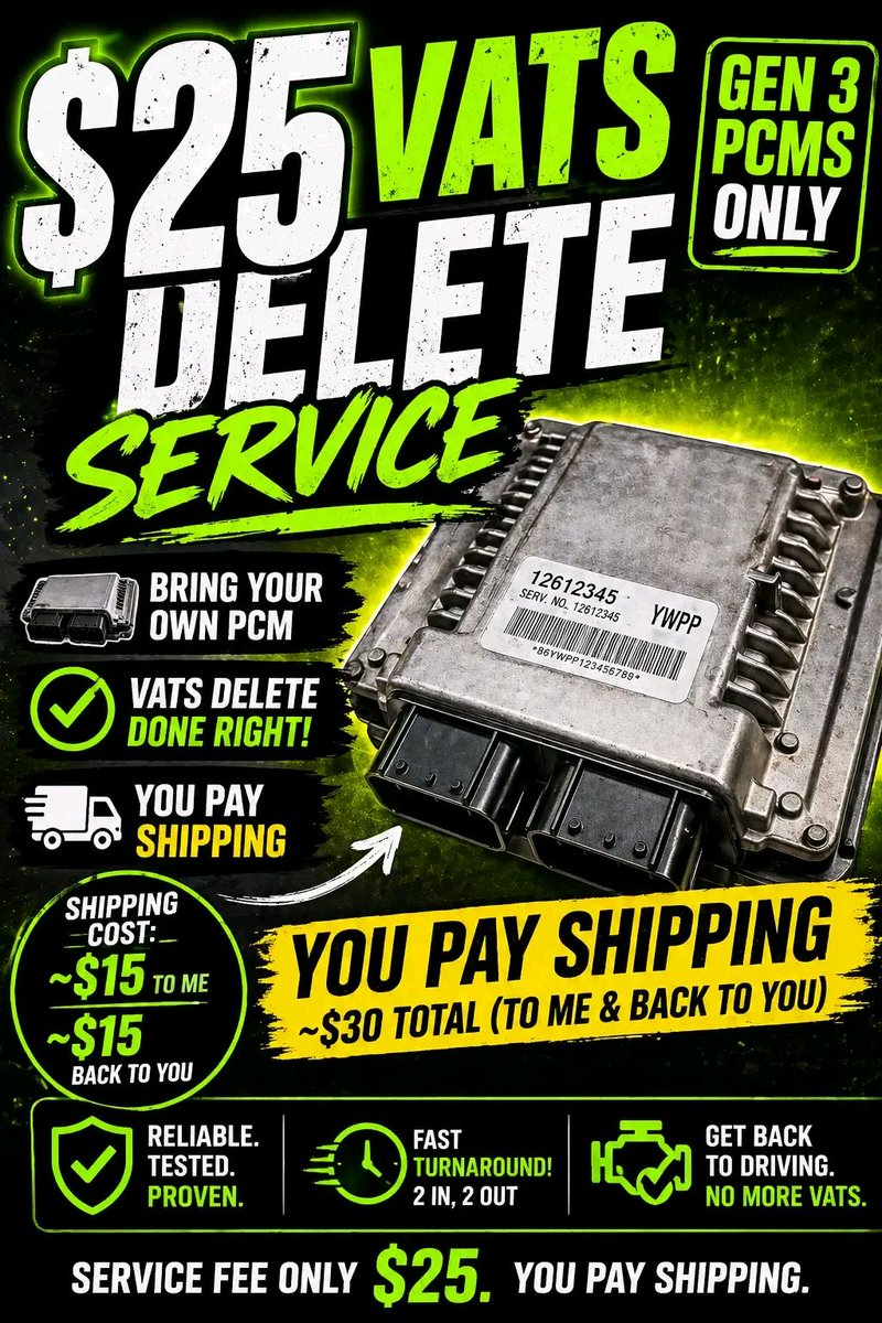 Lschevygrinder's tweet photo. Tired of VATS stopping your build? 😤 Get it deleted for only $25! 📦 Send your PCM, get lightning-fast 2-in-2-out service, &amp; take charge of your ride! Reliable, tested, proven. ⚙️ Drive worry-free again! #CarMods #PerformanceUpgrades #ChevyPerformance https://t.co/zdhywe1Rfn