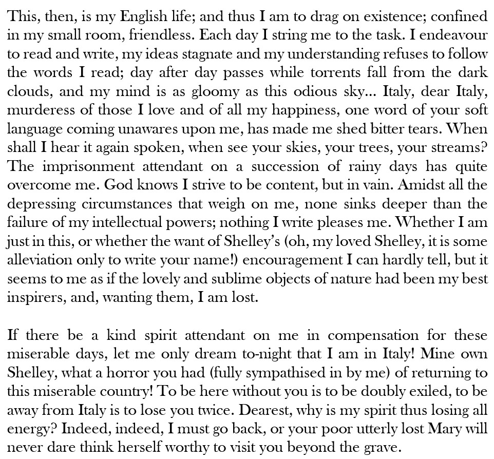 ClayFJohnson's tweet photo. Today, 14 May 1824, Mary Shelley writes how miserable she is in England after a “succession of rainy days”, how nothing she writes pleases her, and how desperately she’s missing Italy and her beloved Percy.

“oh, my loved Shelley, it is some alleviation only to write your name!” https://t.co/VANi7NbjJ3
