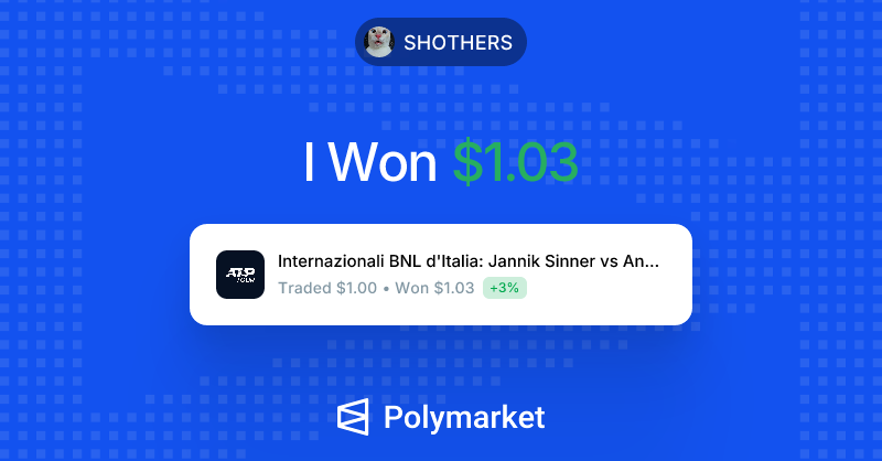 _shothers_'s tweet photo. I just won $1.03 on @Polymarket! 😅

Join me and put your money where your mouth is: https://t.co/kR5ZVDQKVf https://t.co/mRUV5igYDF