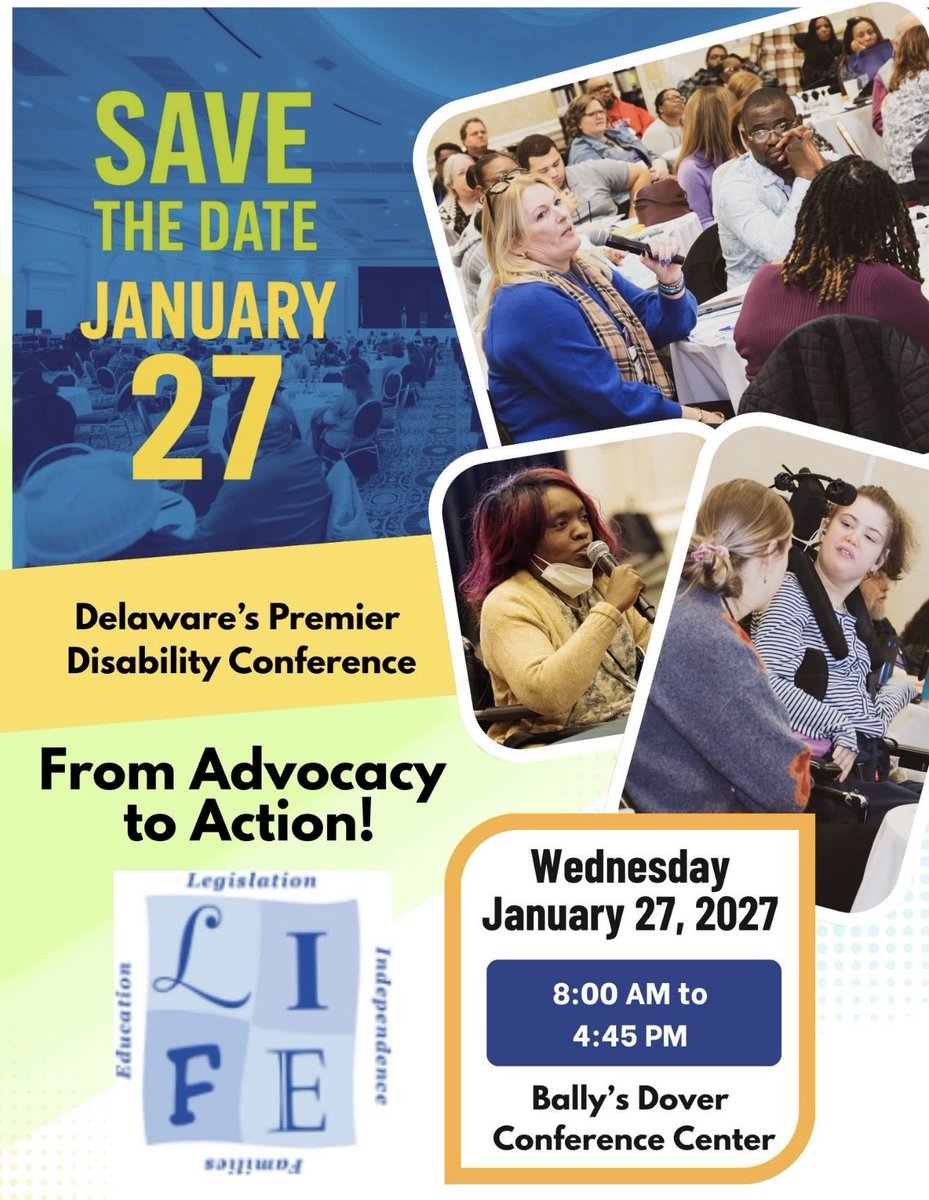 DelawareDVR's tweet photo. 📢 SAVE THE DATE! 📢
Join @Delaware_DDC on Jan. 27, 2027 for the 2027 LIFE Conference. Delaware’s premier disability conference, at Bally’s Dover Conference Center! 

Theme: ✨From Advocacy to Action ✨

#LIFEConferenceDE2027 #FromAdvocacyToAction https://t.co/N4aOxg7VTA