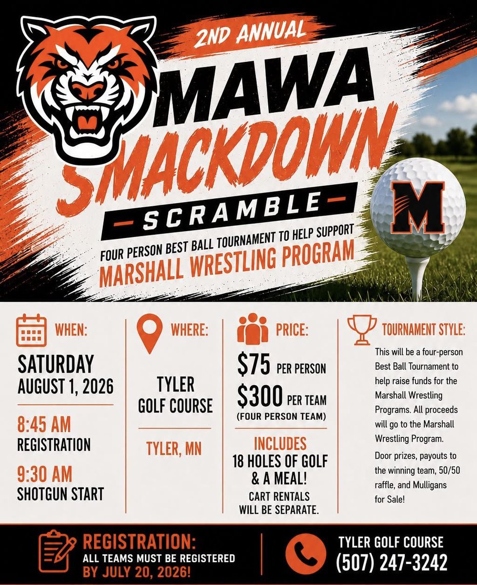 TigersWrestle's tweet photo. ITS BACK!! Our annual Smackdown Scramble is set for Saturday, August 1st at the Tyler Golf Course. Last year we had a HUGE turn out with current families, past alumni, local fans and supporters. Get a 4-person team together and join us for a day of golf, prizes, laughs and fun! https://t.co/HWWe4OW2QY